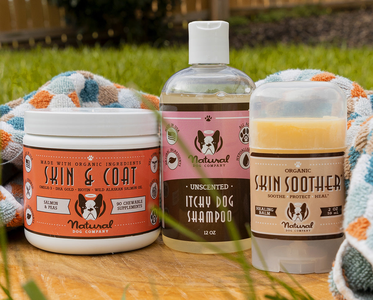 Complete Itch Relief Kit including Skin and Coat Supplement, Itchy Dog Shampoo, and Skin Soother.