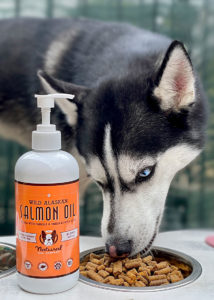 Husky dog eating kibble topped with Natural Dog Company Wild Alaskan Salmon Oil